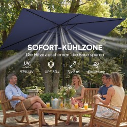 Aurinkovarjo LED-solarvaloilla 300 x 200 cm, kallistettava, suojapussilla, tummansininen