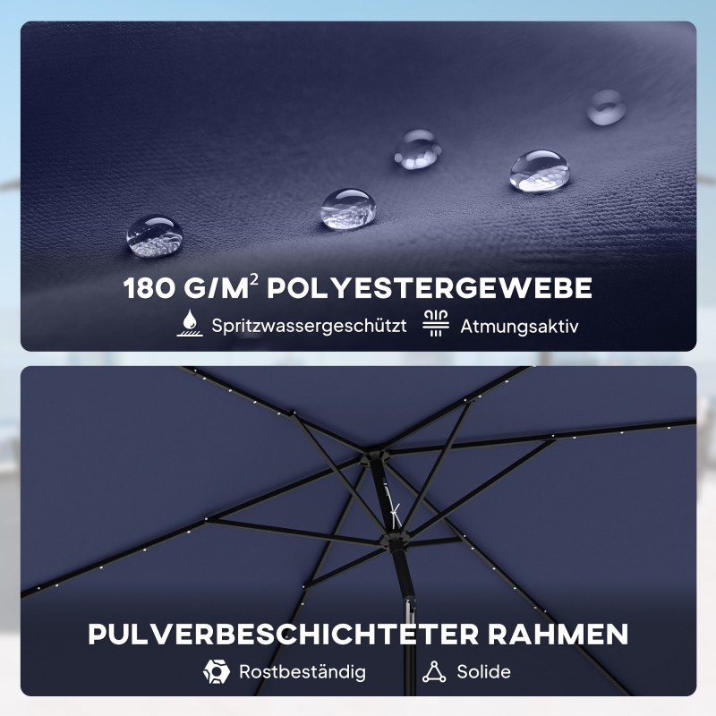 Aurinkovarjo LED-solarvaloilla 300 x 200 cm, kallistettava, suojapussilla, tummansininen