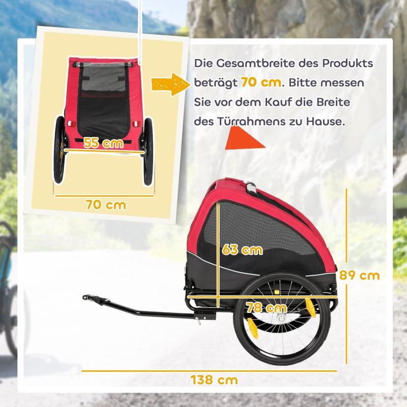 Koirankärry polkupyörään, taittuva, mesh-ikkunat, 20 kg, 138x70x89 cm, punainen-musta