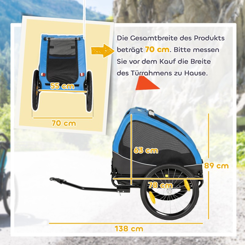 Koiran pyöräkärry taittuva heijastimilla ja turvalipulla 138×70×89 cm sininen