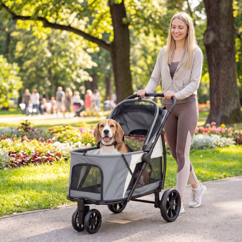 Koiravaunu koirille, taitettava 3-pyöräinen koirankärry max 20 kg, pestävä pehmuste, harmaa
