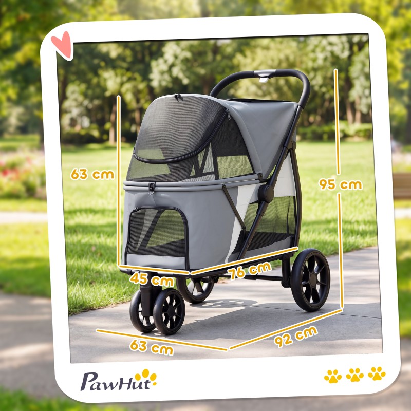 Koiravaunu koirille, taitettava 3-pyöräinen koirankärry max 20 kg, pestävä pehmuste, harmaa