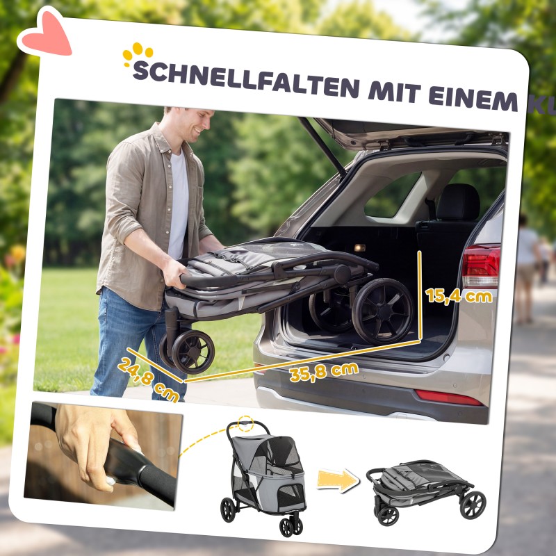 Koiravaunu koirille, taitettava 3-pyöräinen koirankärry max 20 kg, pestävä pehmuste, harmaa