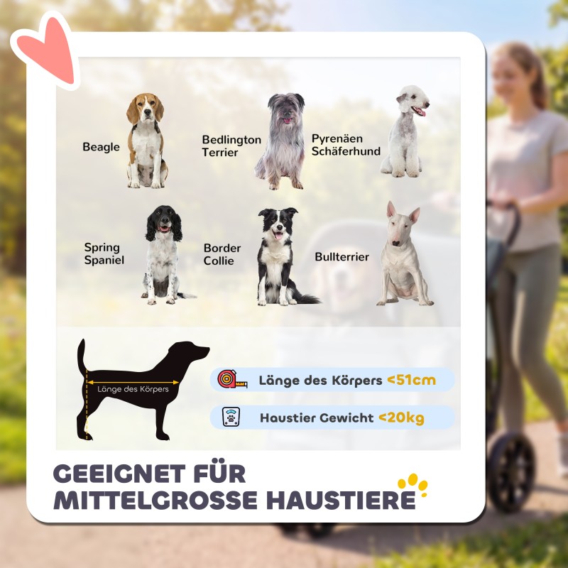 Koiravaunu koirille, taitettava 3-pyöräinen koirankärry max 20 kg, pestävä pehmuste, harmaa