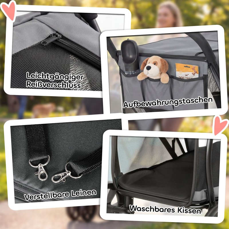 Koiravaunu koirille, taitettava 3-pyöräinen koirankärry max 20 kg, pestävä pehmuste, harmaa