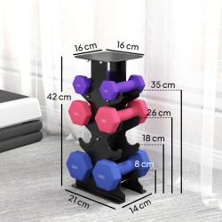 Käsipainosetti kotitreeniin 6 kpl (2x1 kg, 2x3 kg, 2x5 kg) telineellä, kuusikulmainen, metalli-muovi
