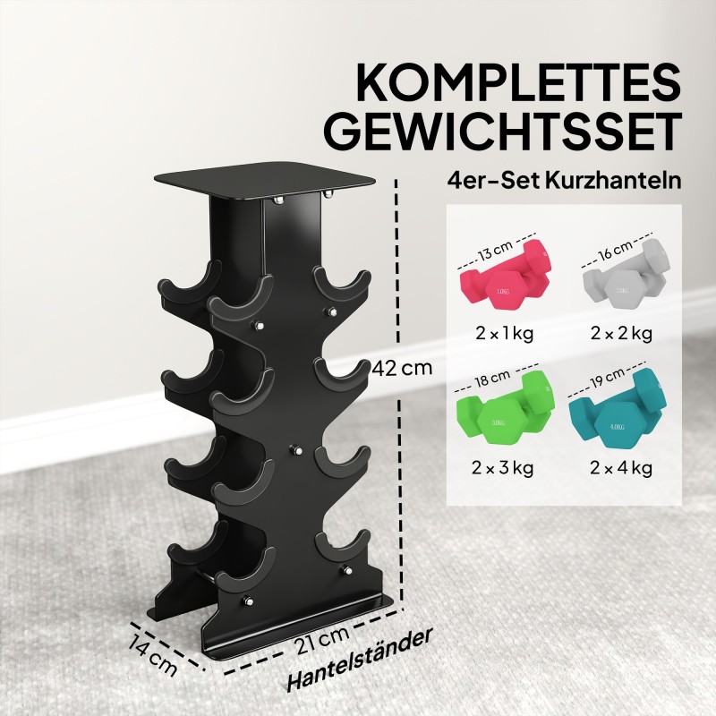Käsipainosetti 1–4 kg, 8 kpl kuusikulmaiset käsipainot säilytystelineellä, metalli-muovi, moniväri