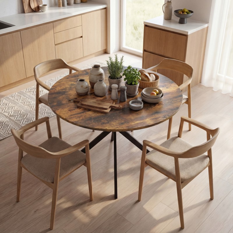 Pyöreä ruokapöytä 4 hengelle, teollinen tyyli, lastulevy ja teräs, Ø100 x 75 cm, rustikaali ruskea