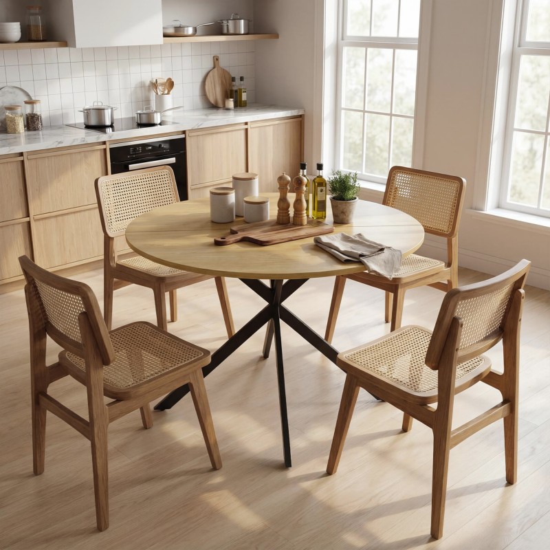 Pyöreä ruokapöytä 4 hengelle, teollistyylinen, lastulevy ja teräs, Ø100 x 75 cm, eikinsävy