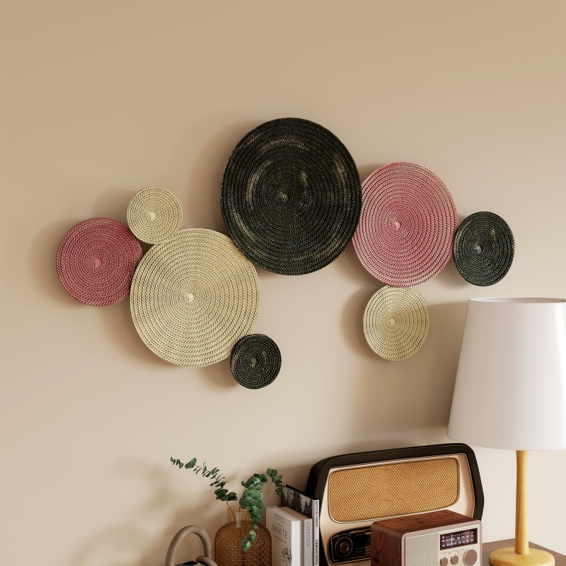 Metallinen seinäkoriste, 8 levyn disk-design, 110 x 58 cm, monivärinen