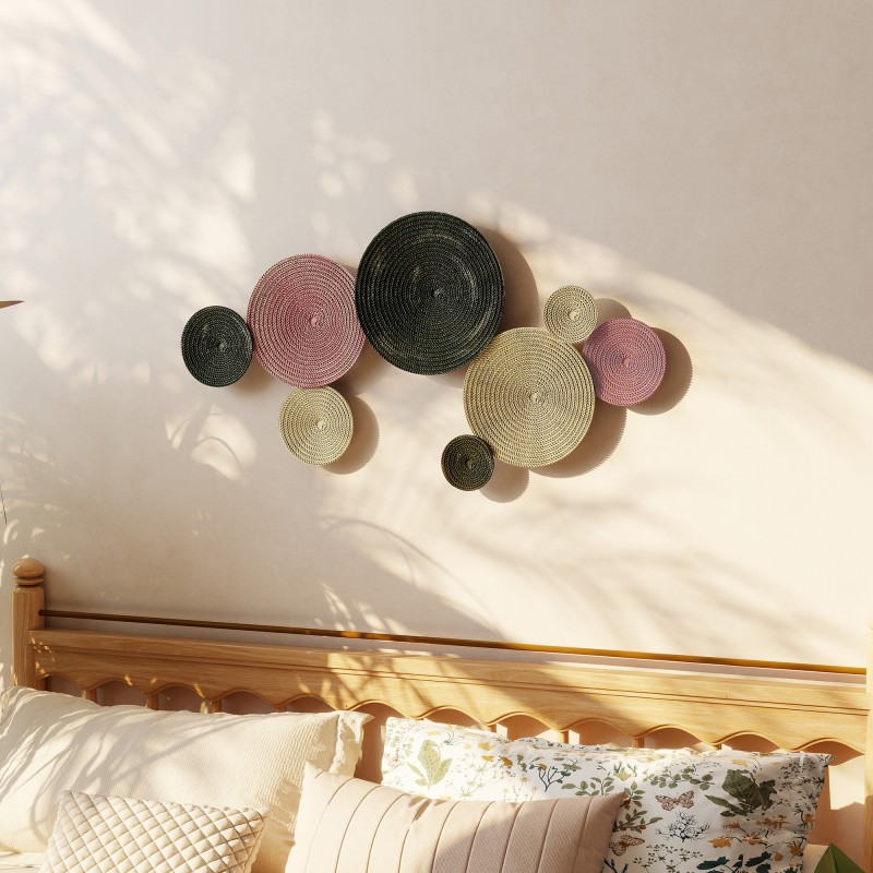 Metallinen seinäkoriste, 8 levyn disk-design, 110 x 58 cm, monivärinen