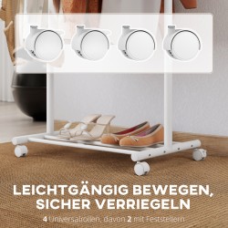 Vaaterekki pyörillä, metallinen 3-in-1 vaate- ja kenkäteline 68 x 43 x 171 cm, valkoinen