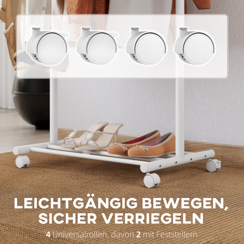 Vaaterekki pyörillä, metallinen 3-in-1 vaate- ja kenkäteline 68 x 43 x 171 cm, valkoinen
