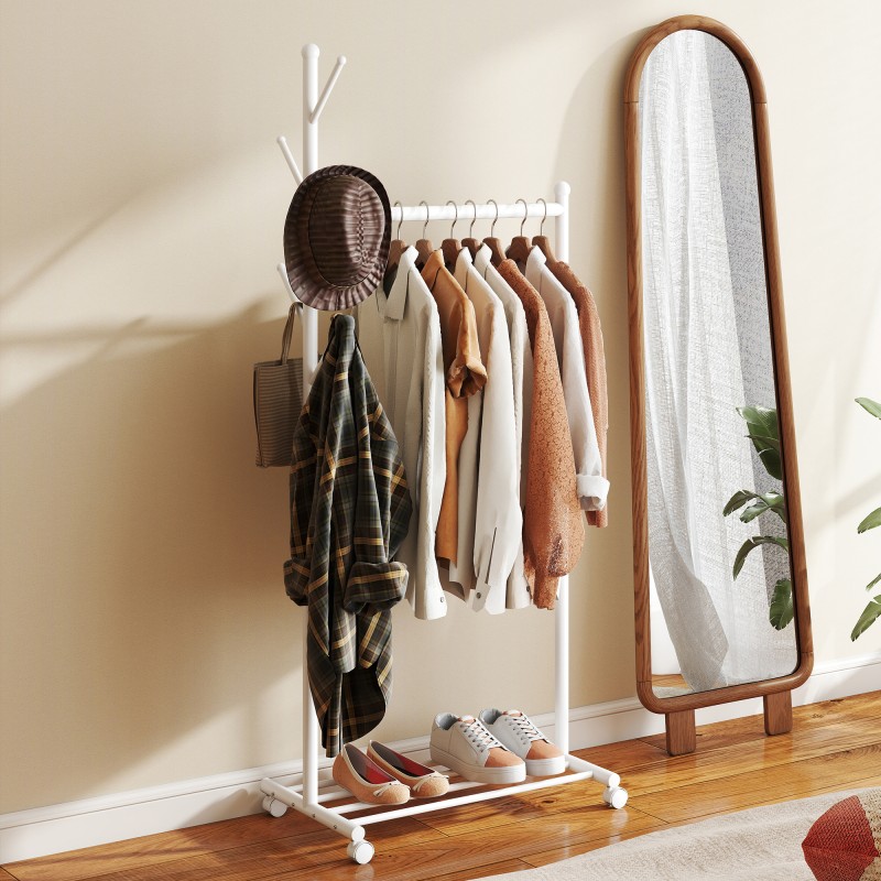 Vaaterekki pyörillä, metallinen 3-in-1 vaate- ja kenkäteline 68 x 43 x 171 cm, valkoinen