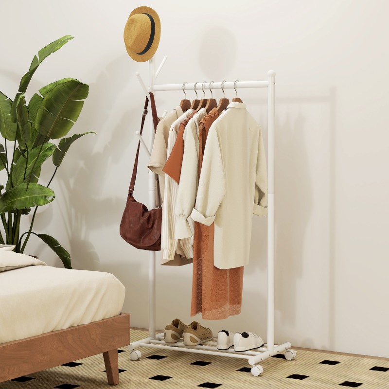 Vaaterekki pyörillä, metallinen 3-in-1 vaate- ja kenkäteline 68 x 43 x 171 cm, valkoinen