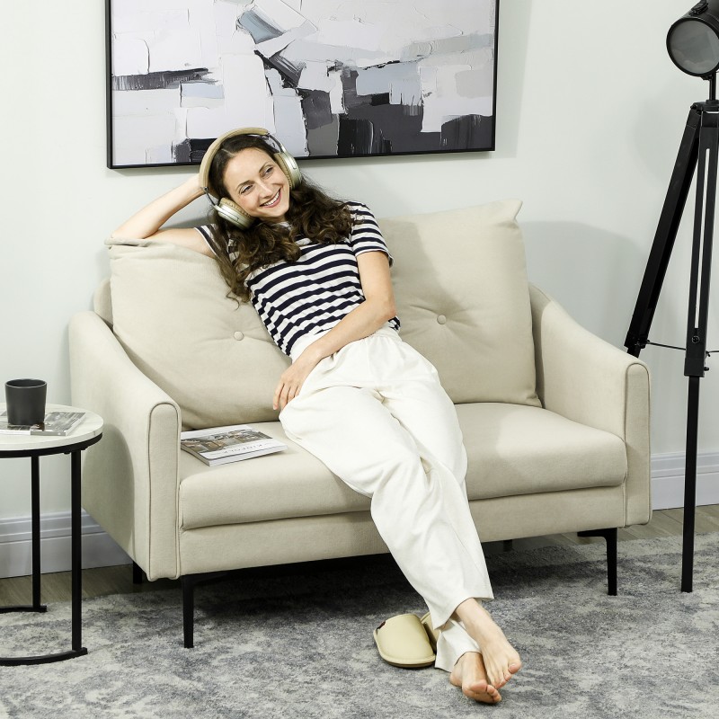 2-istuttava sohva olohuoneeseen, metallirunko, vaahtomuovipehmuste, kangasverhoilu, 124 cm, kerma/luonnonvalkoinen