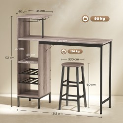 Baaripöytäsetti pieniin tiloihin, 3-osainen, viiniteline ja lasikoukut, MDF/teräs, harmaa