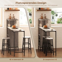 Baaripöytäsetti pieniin tiloihin, 3-osainen, viiniteline ja lasikoukut, MDF/teräs, harmaa