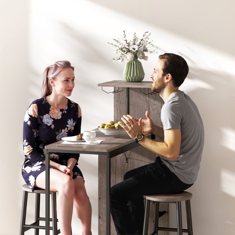 Baaripöytäsetti pieniin tiloihin, 3-osainen, viiniteline ja lasikoukut, MDF/teräs, harmaa