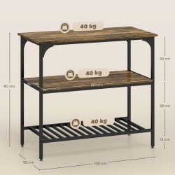 Keittiöhylly 3-tasoinen teräsrunko lastulevy 100x50x90 cm rustiikin ruskea/musta