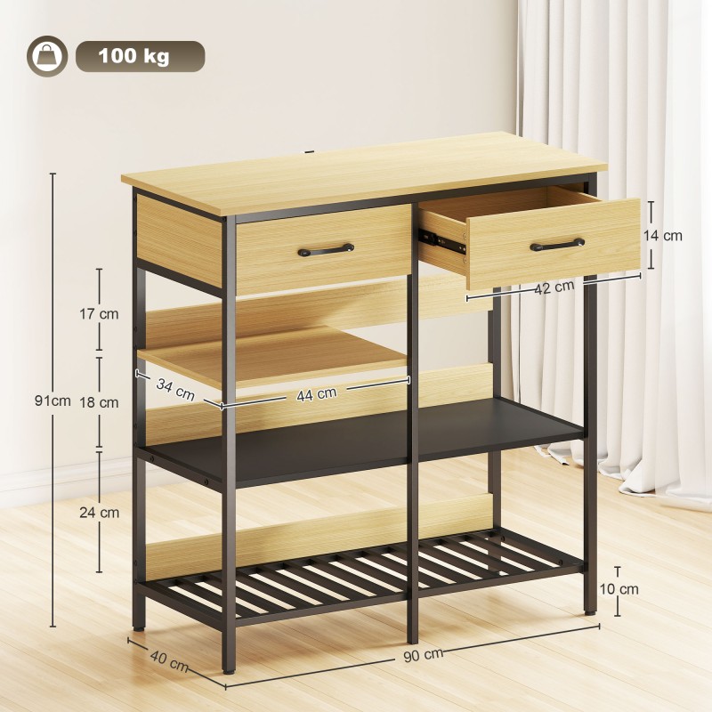 Sivupöytä keittiöön ja olohuoneeseen 2 laatikkoa 3 avointa hyllyä 90x40x91 cm luonnonpuu/musta