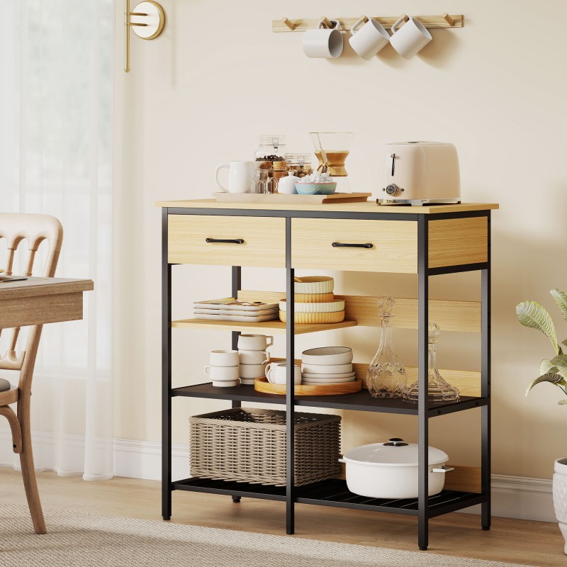 Sivupöytä keittiöön ja olohuoneeseen 2 laatikkoa 3 avointa hyllyä 90x40x91 cm luonnonpuu/musta