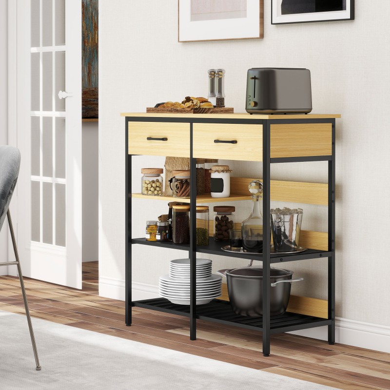 Sivupöytä keittiöön ja olohuoneeseen 2 laatikkoa 3 avointa hyllyä 90x40x91 cm luonnonpuu/musta