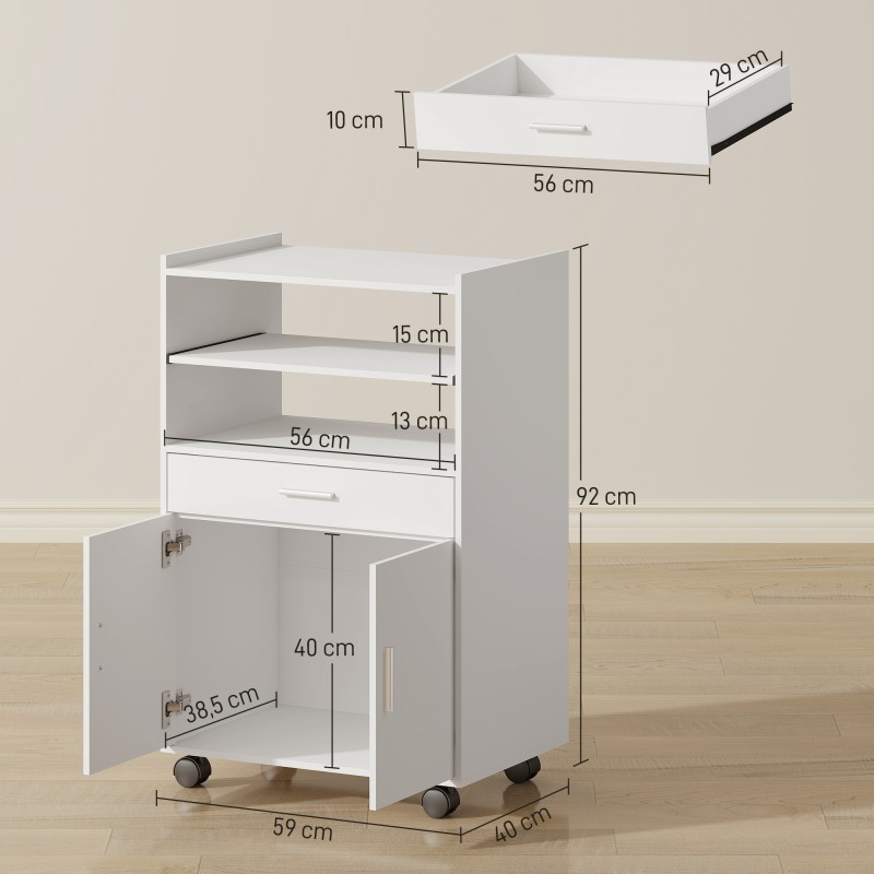 Keittiön mikroaaltouunikaappi pyörillä, lastulevy, 59 x 40 x 92 cm, valkoinen