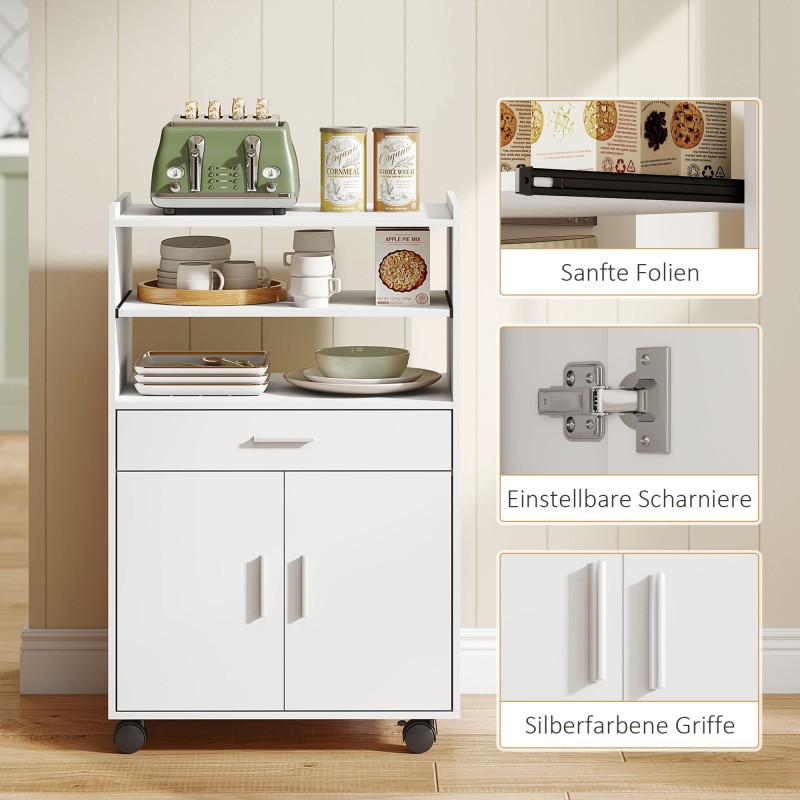 Keittiön mikroaaltouunikaappi pyörillä, lastulevy, 59 x 40 x 92 cm, valkoinen