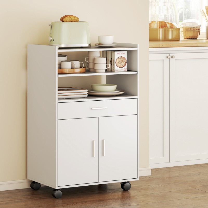 Keittiön mikroaaltouunikaappi pyörillä, lastulevy, 59 x 40 x 92 cm, valkoinen
