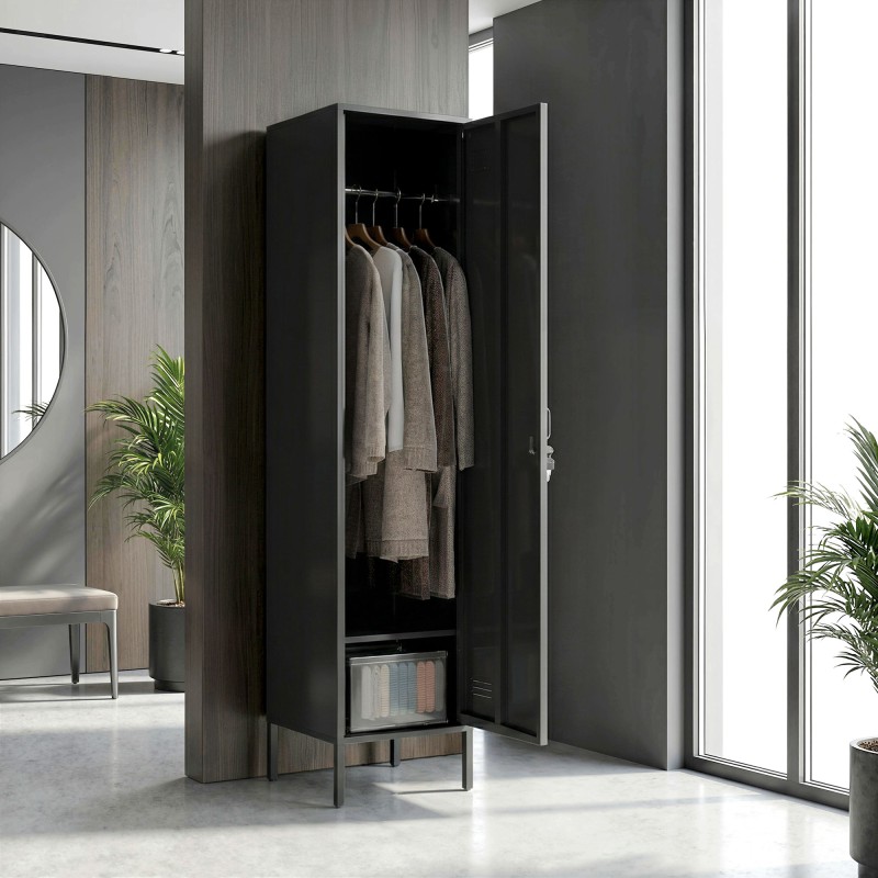 Teräsvaatekaappi lukittavalla ovella ja ripustustangolla, yksiosainen, 40 x 40 x 179 cm, musta