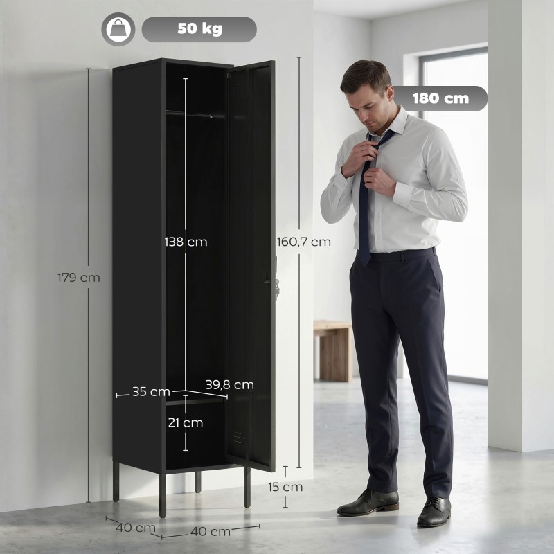 Teräsvaatekaappi lukittavalla ovella ja ripustustangolla, yksiosainen, 40 x 40 x 179 cm, musta