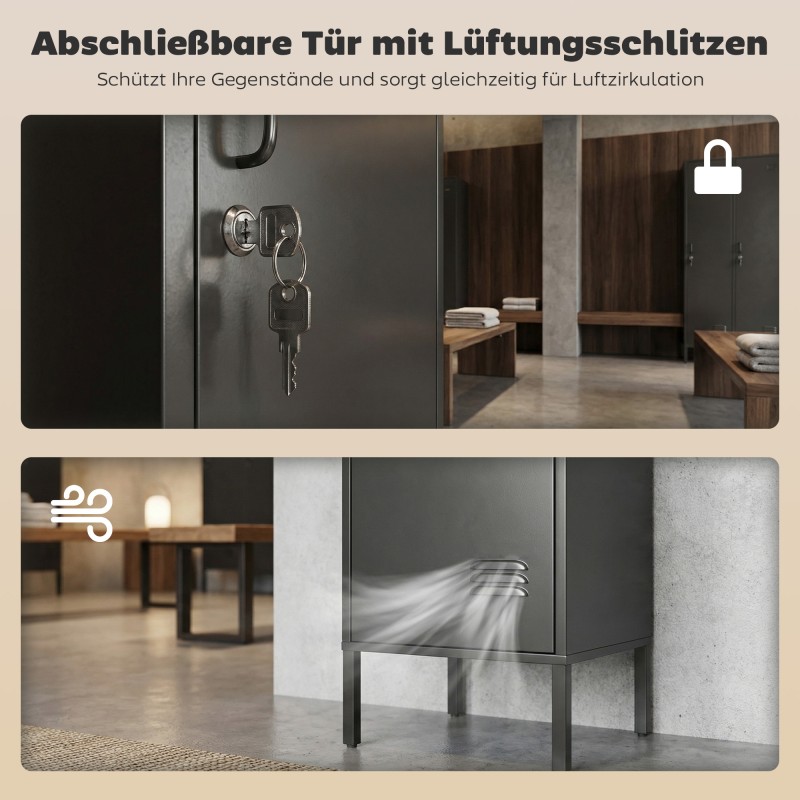 Teräsvaatekaappi lukittavalla ovella ja ripustustangolla, yksiosainen, 40 x 40 x 179 cm, musta