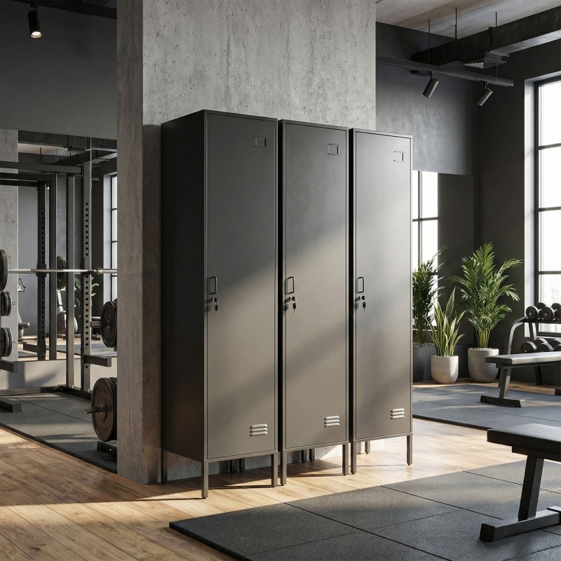 Teräsvaatekaappi lukittavalla ovella ja ripustustangolla, yksiosainen, 40 x 40 x 179 cm, musta