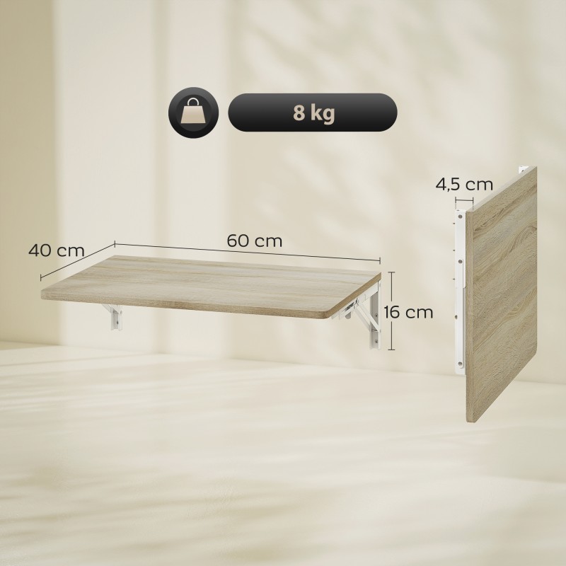 Seinään kiinnitettävä kokoontaitettava pöytä 60 x 40 cm, lastulevyä, tammi/valkoinen