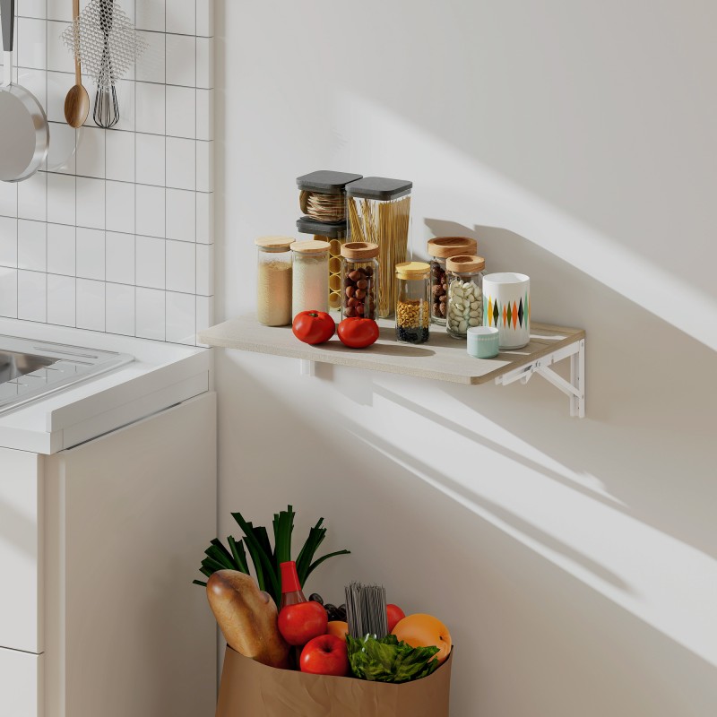 Seinään kiinnitettävä kokoontaitettava pöytä 60 x 40 cm, lastulevyä, tammi/valkoinen