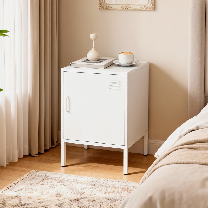 Teräksinen yöpöytä ja sivukaappi säädettävällä hyllyllä, 40 x 40 x 56 cm, valkoinen