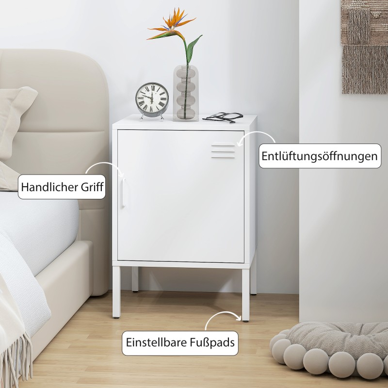 Teräksinen yöpöytä ja sivukaappi säädettävällä hyllyllä, 40 x 40 x 56 cm, valkoinen