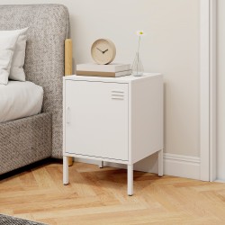 Teräksinen yöpöytä ja sivukaappi säädettävällä hyllyllä, 40 x 40 x 56 cm, valkoinen