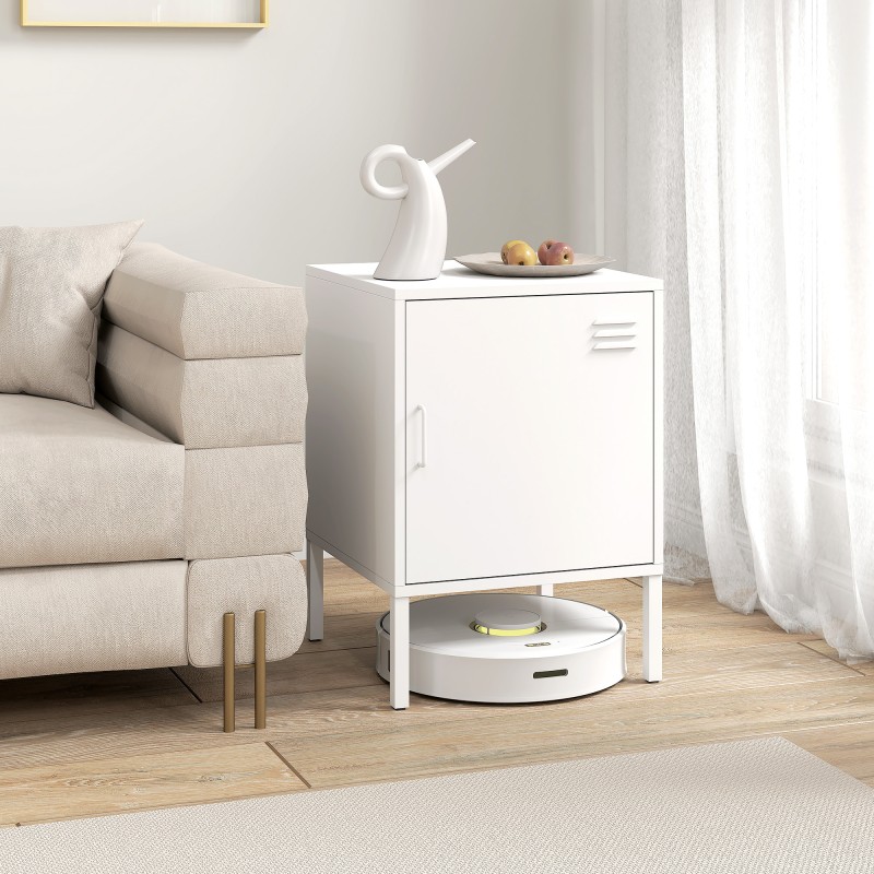 Teräksinen yöpöytä ja sivukaappi säädettävällä hyllyllä, 40 x 40 x 56 cm, valkoinen