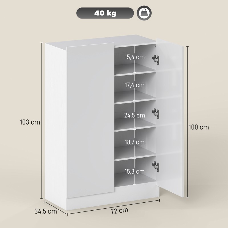 Kenkäkaappi 5 tasoa noin 20 parille, lastulevy/MDF, 72x34,5x103 cm, valkoinen