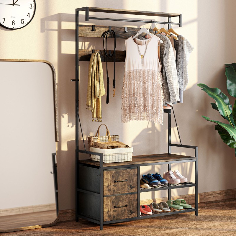Vaateteline kenkähyllyllä ja kangaslaatikoilla, 6-in-1, metalli/lastulevy, ruskea/musta, 100 x 40 x 180 cm