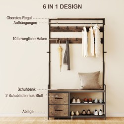 Vaateteline kenkähyllyllä ja kangaslaatikoilla, 6-in-1, metalli/lastulevy, ruskea/musta, 100 x 40 x 180 cm