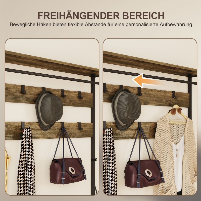 Vaateteline kenkähyllyllä ja kangaslaatikoilla, 6-in-1, metalli/lastulevy, ruskea/musta, 100 x 40 x 180 cm