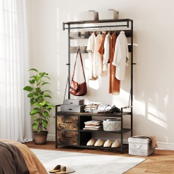 Vaateteline kenkähyllyllä ja kangaslaatikoilla, 6-in-1, metalli/lastulevy, ruskea/musta, 100 x 40 x 180 cm