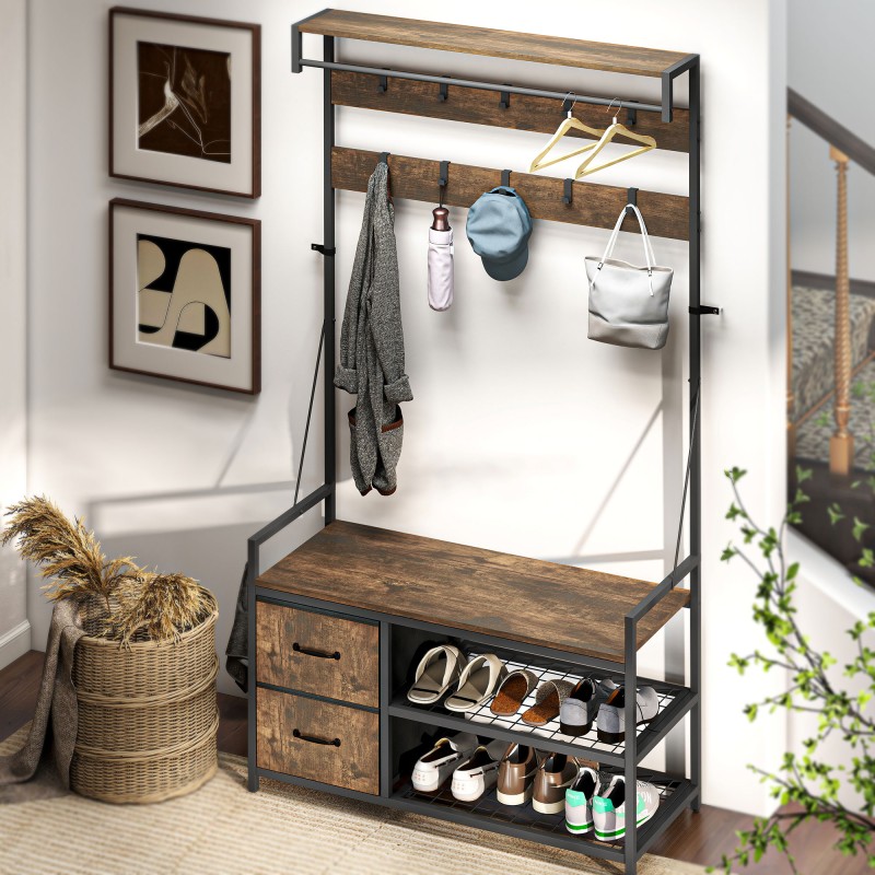 Vaateteline kenkähyllyllä ja kangaslaatikoilla, 6-in-1, metalli/lastulevy, ruskea/musta, 100 x 40 x 180 cm