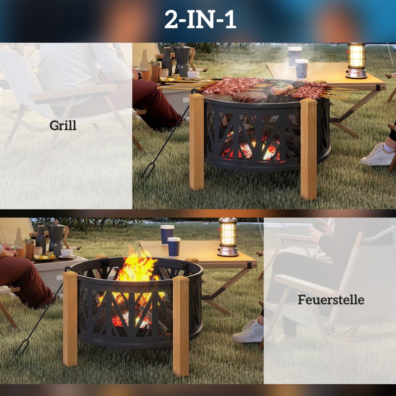 2-in-1 ulkotulisija ja tulisija grillausritilällä Ø75 x 58 cm, metalli, musta-ruskea
