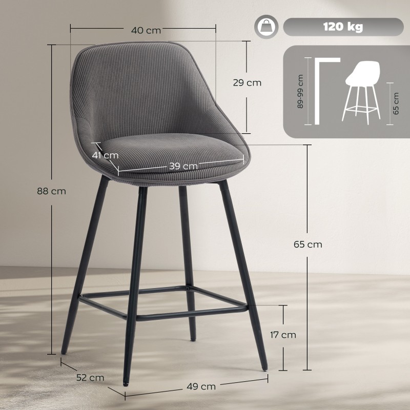Baarituolit keittiösaarekkeelle, cord-kangas ja teräsjalat, 2 kpl, harmaa