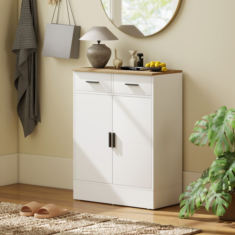 Säilytyskaappi kahdella laatikolla ja säädettävällä hyllyllä, lastulevyä, 68,6 x 35 x 90,3 cm, valkoinen/luonnonpuu