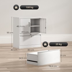 Lukittava teräksinen asiakirjakaappi vetolaatikolla, säädettävät hyllyt, 80 x 40 x 95 cm, valkoinen